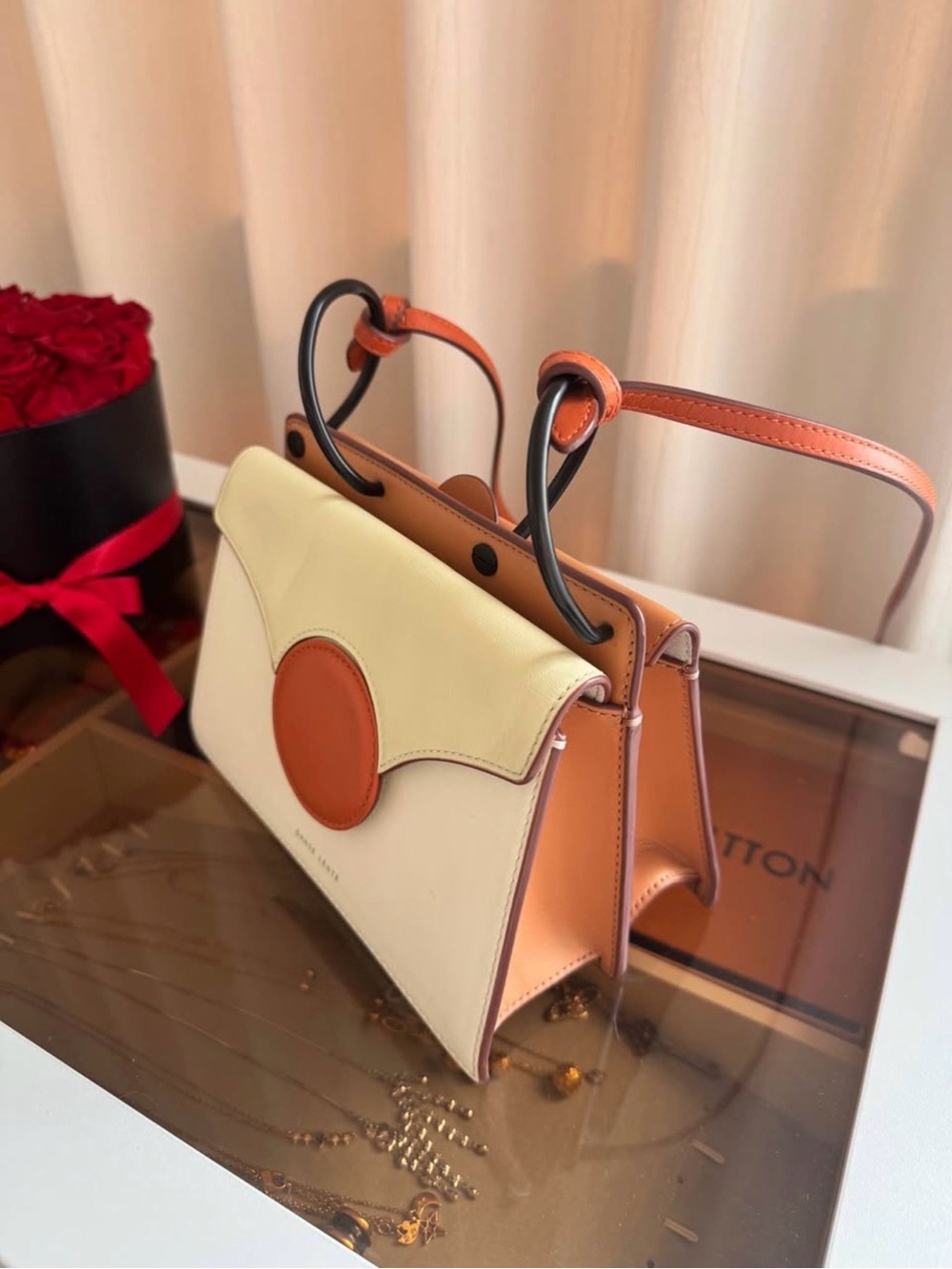 Cream and Tan Two-Tone Leather Satchel with Circular Accent